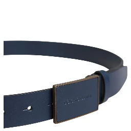 Blue Calfskin Leather Logo Metal Buckle Belt
