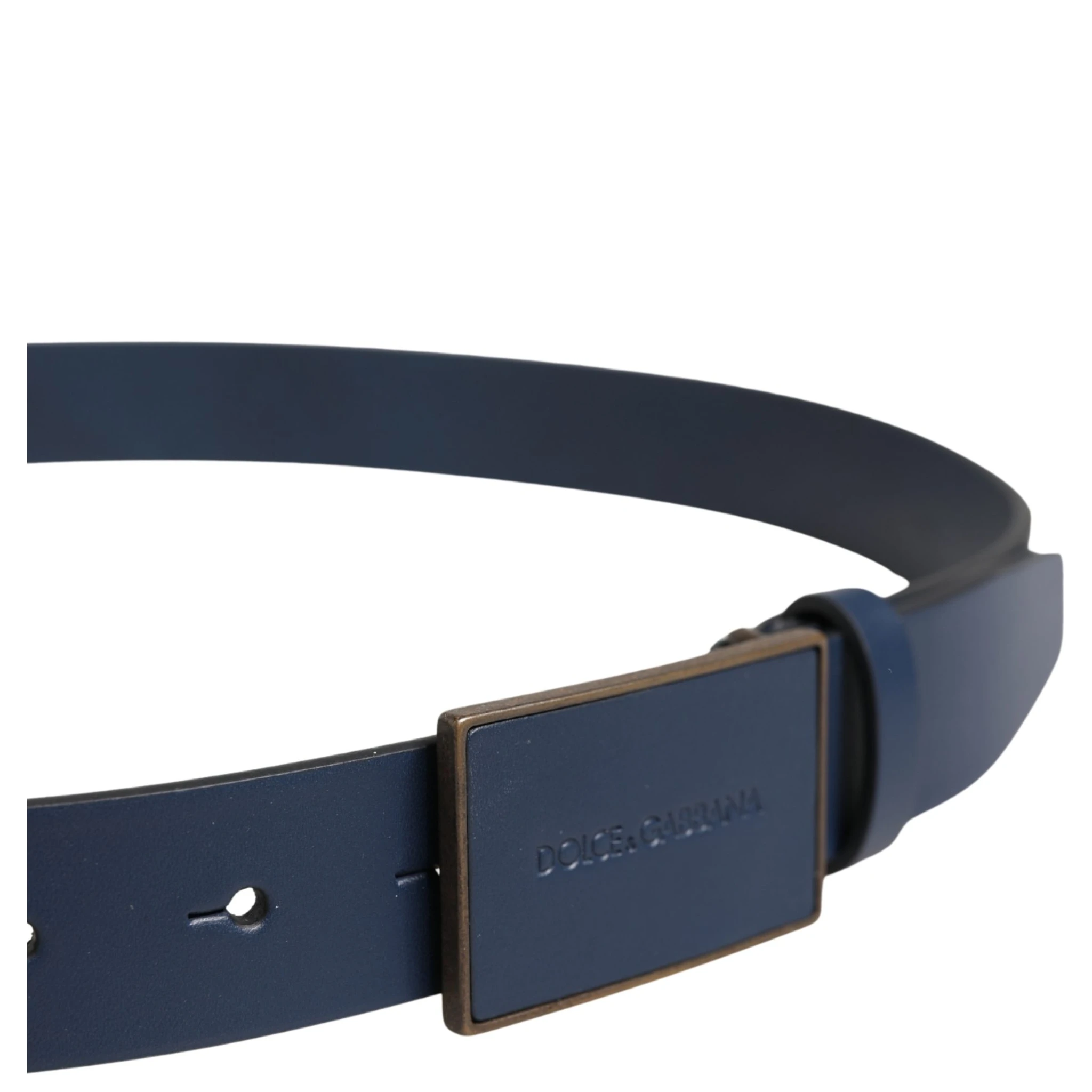 Blue Calfskin Leather Logo Metal Buckle Belt