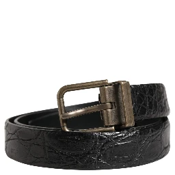 Men Black Exotic Leather Metal Buckle Belt