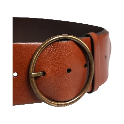 Men Brown Leather Wide Waist Metal Round Buckle Belt