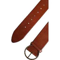 Men Brown Leather Wide Waist Metal Round Buckle Belt
