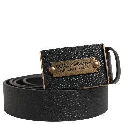 Men Black Calf Leather Metal Buckle Belt
