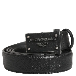 Men Black Calf Leather Logo Metal Buckle Belt