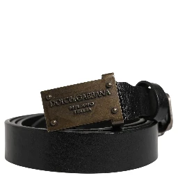 Men Black Classic Leather Logo Buckle Belt