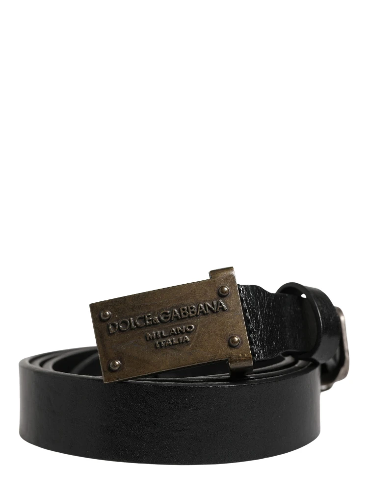 Men Black Classic Leather Logo Buckle Belt