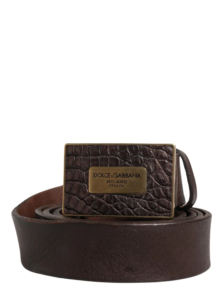 Men Brown Calf Leather Logo Metal Buckle Belt