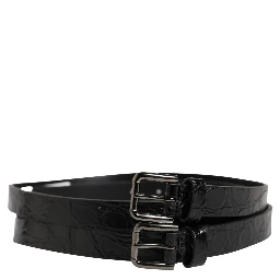Black Double Strap Leather Silver Buckle Belt