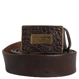 Men Brown Leather Logo Metal Buckle Belt
