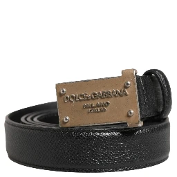 Men Black Calf Leather Logo Metal Buckle Belt