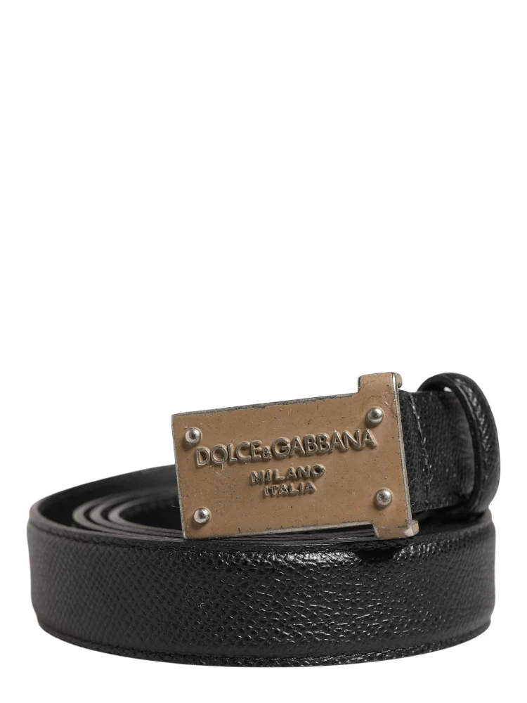 Men Black Calf Leather Logo Metal Buckle Belt