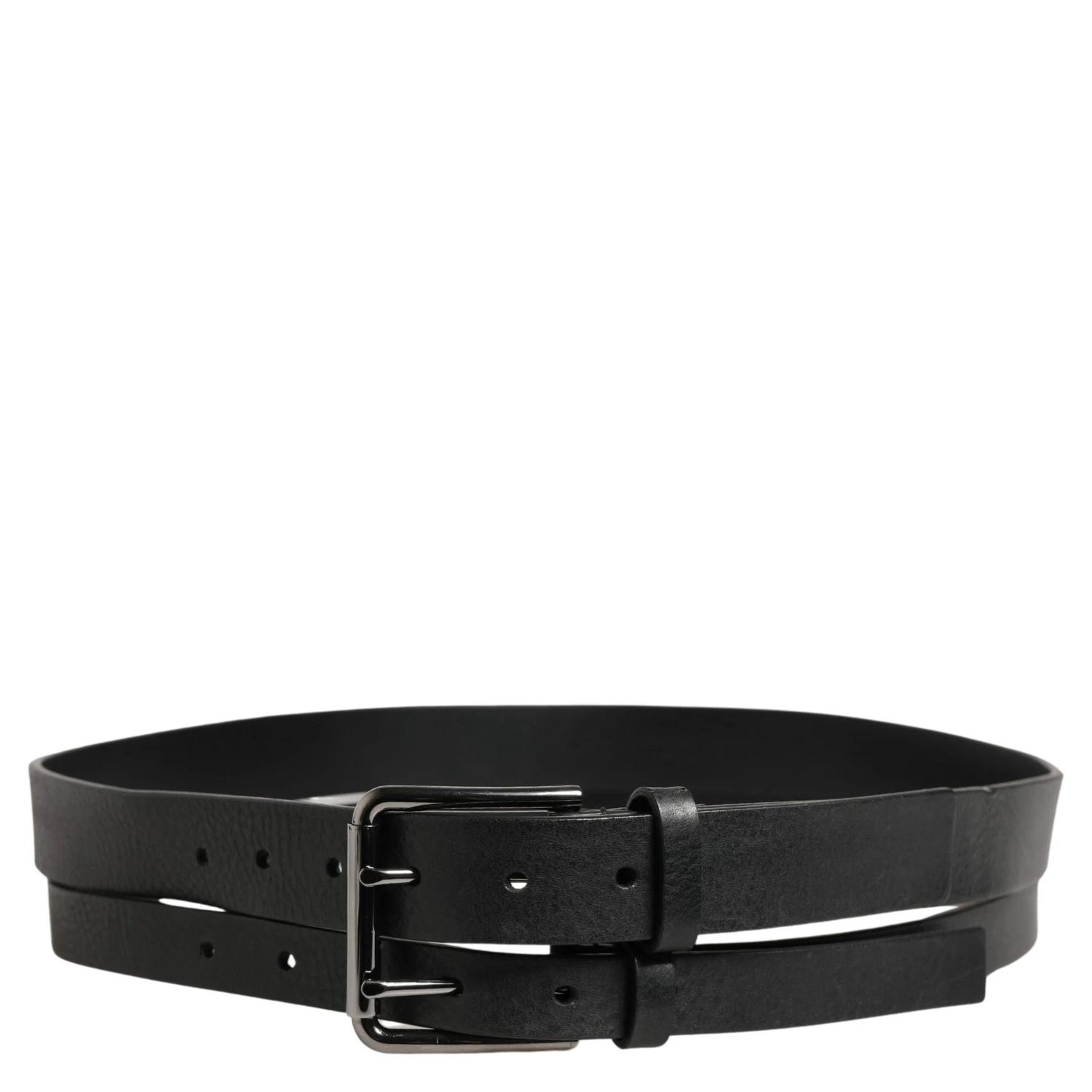 Black Double Strap Leather Silver Buckle Belt