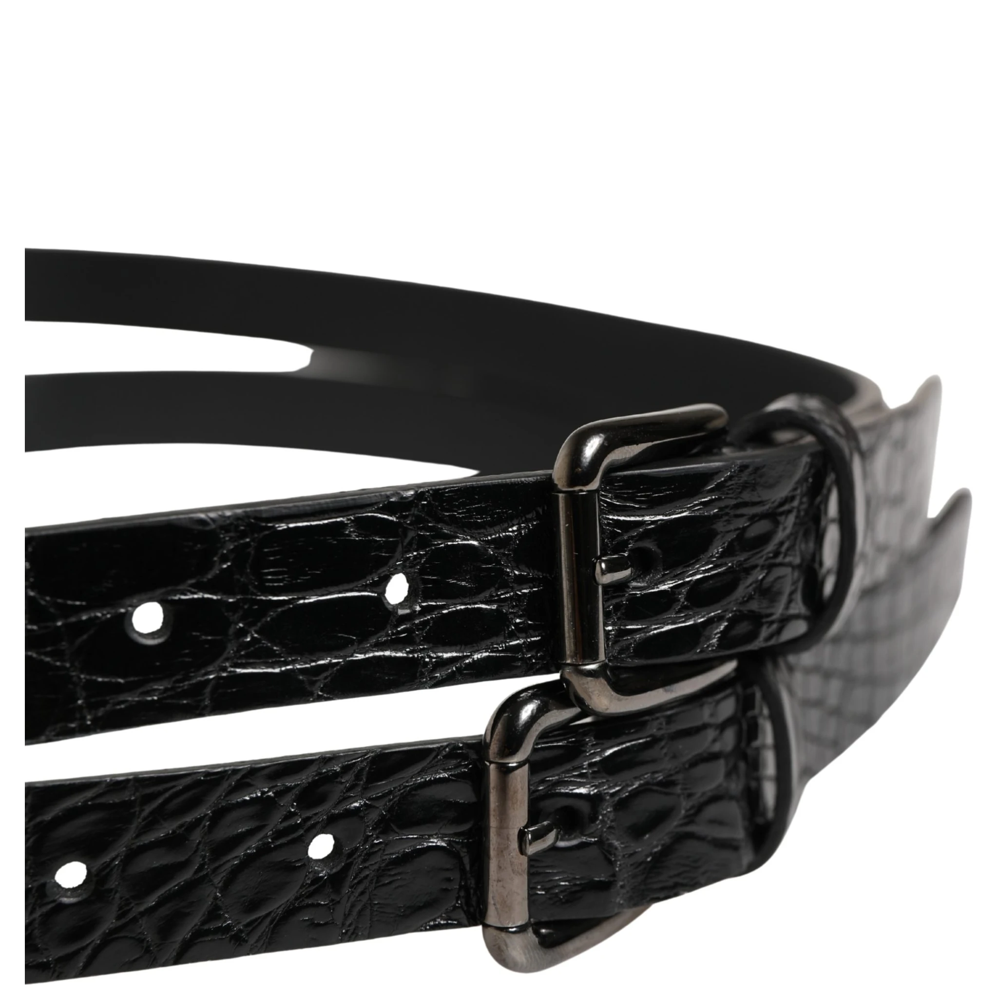 Black Double Strap Leather Silver Buckle Belt