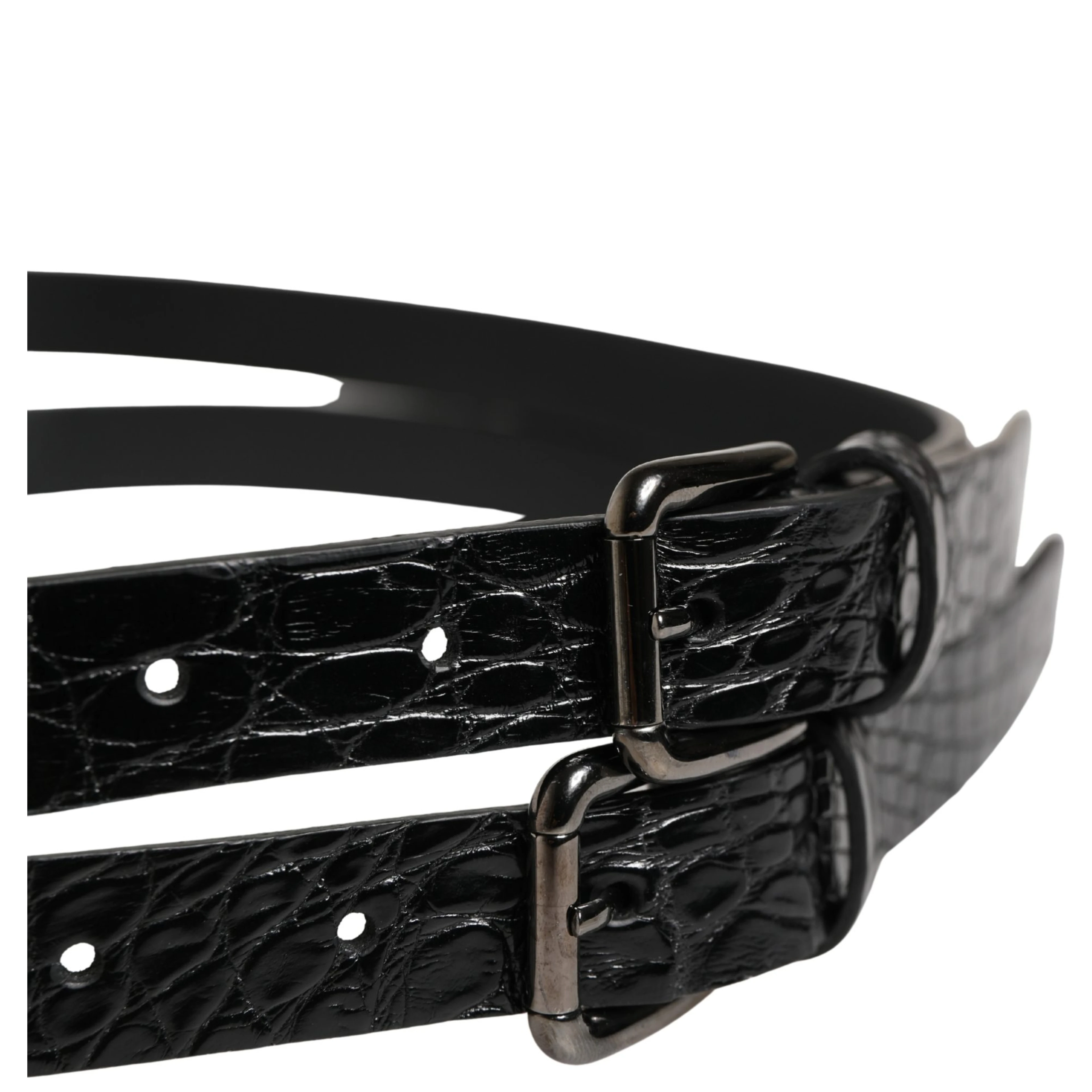 Black Double Strap Leather Silver Buckle Belt