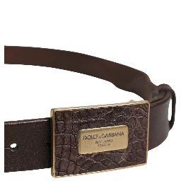 Men Brown Leather Logo Metal Buckle Belt