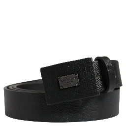 Men Black Calfskin Leather Square Buckle Belt