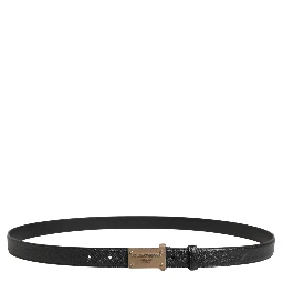 Men Black Calf Leather Logo Metal Buckle Belt