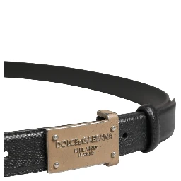 Men Black Calf Leather Logo Metal Buckle Belt