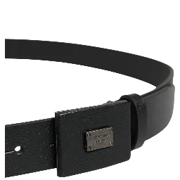 Men Black Calfskin Leather Square Buckle Belt