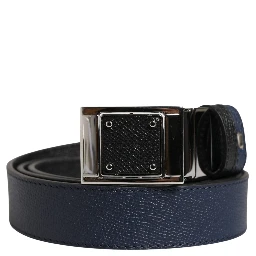 Men Blue Calfskin Leather Square Buckle Belt