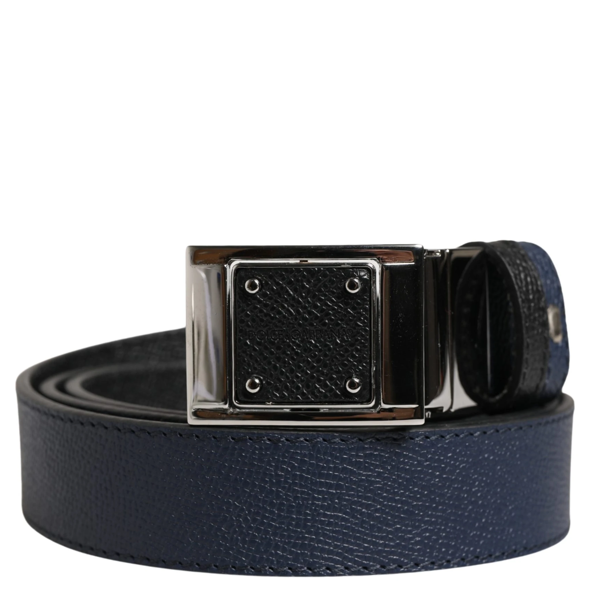 Men Blue Calfskin Leather Square Buckle Belt
