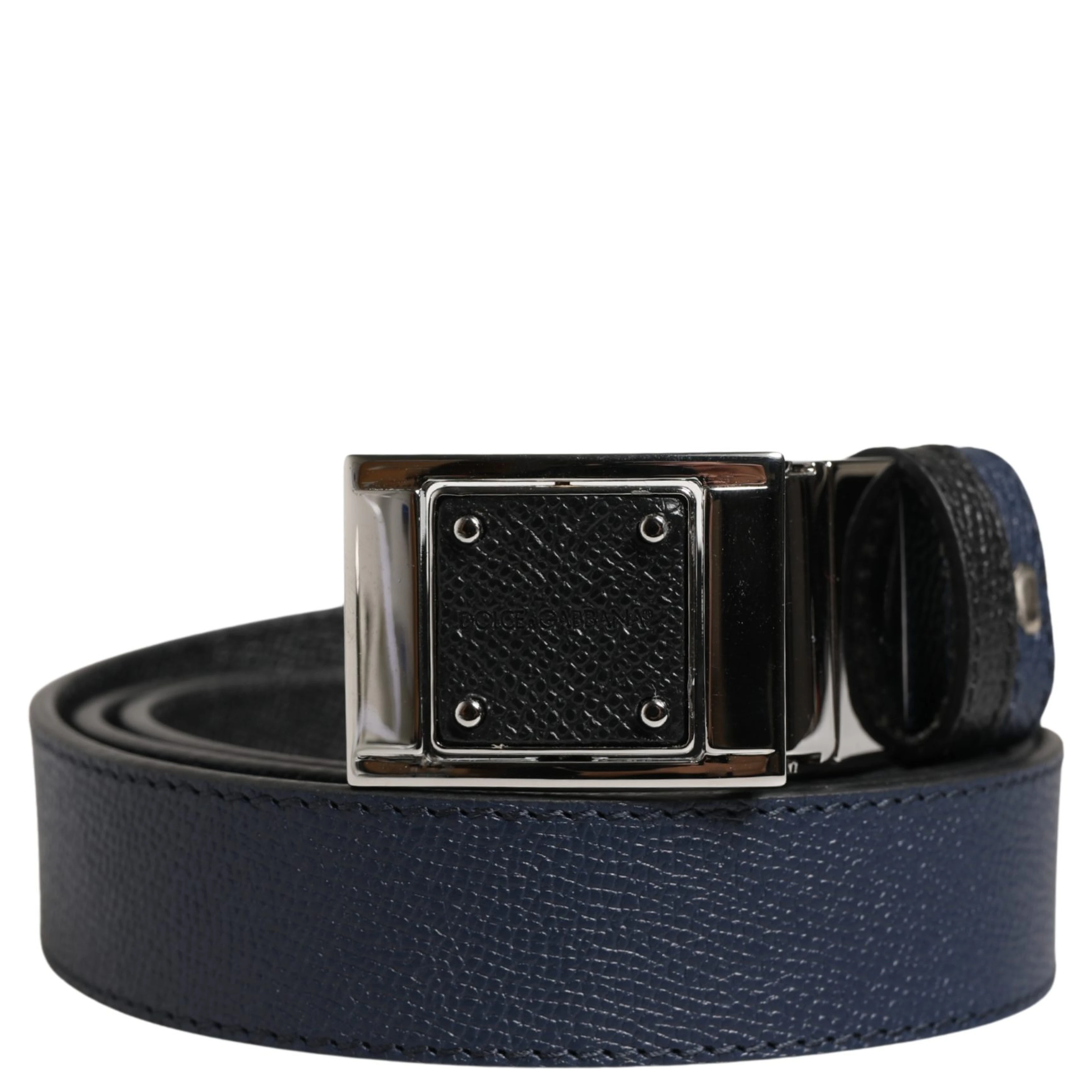 Men Blue Calfskin Leather Square Buckle Belt