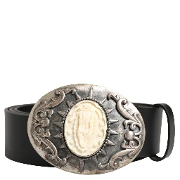 Black Calf Leather Ornate Metal Buckle Belt