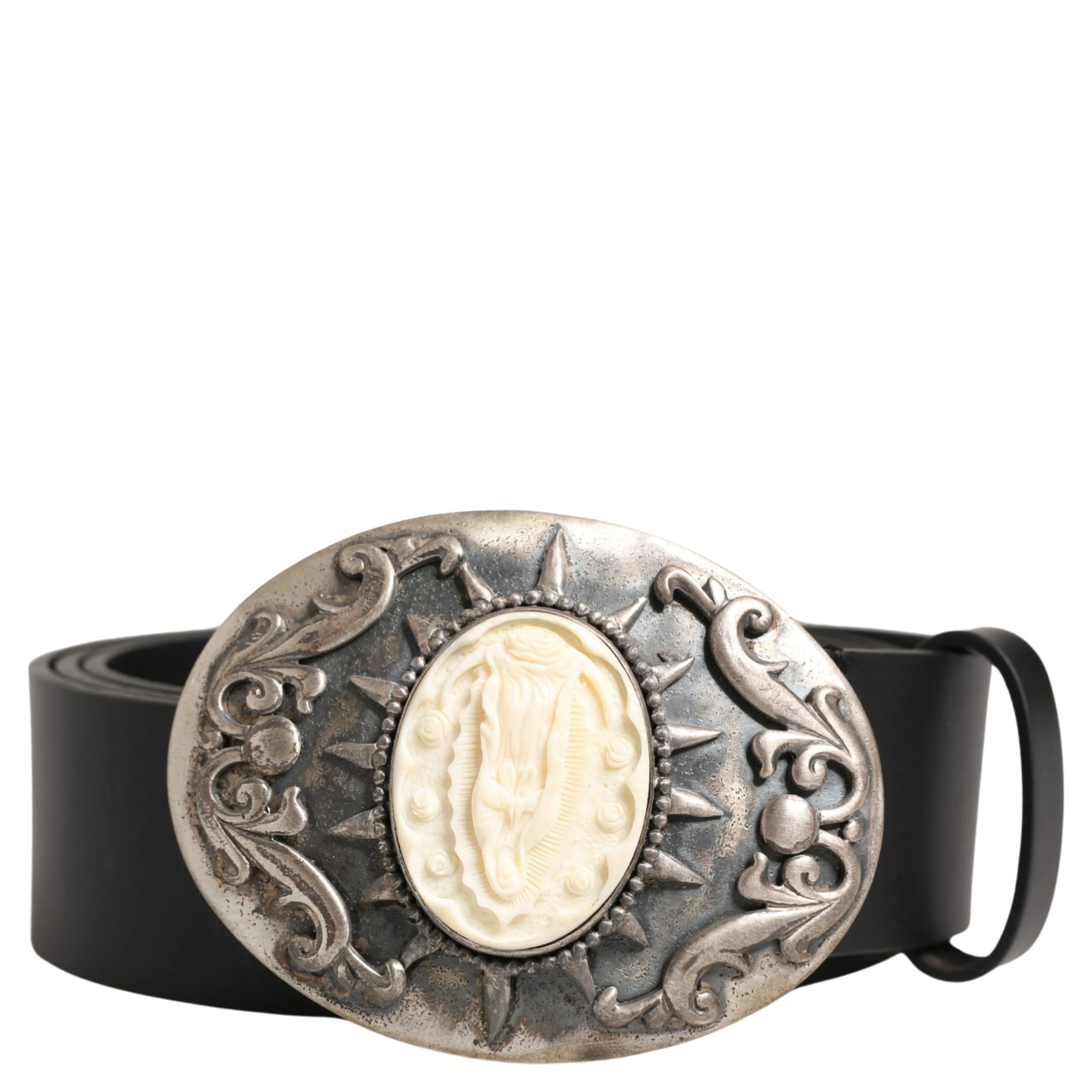 Black Calf Leather Ornate Metal Buckle Belt