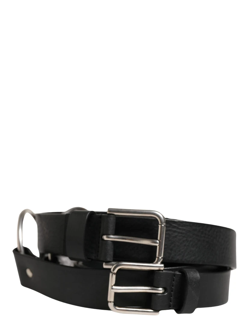 Black Double Strap Leather Silver Buckle Belt