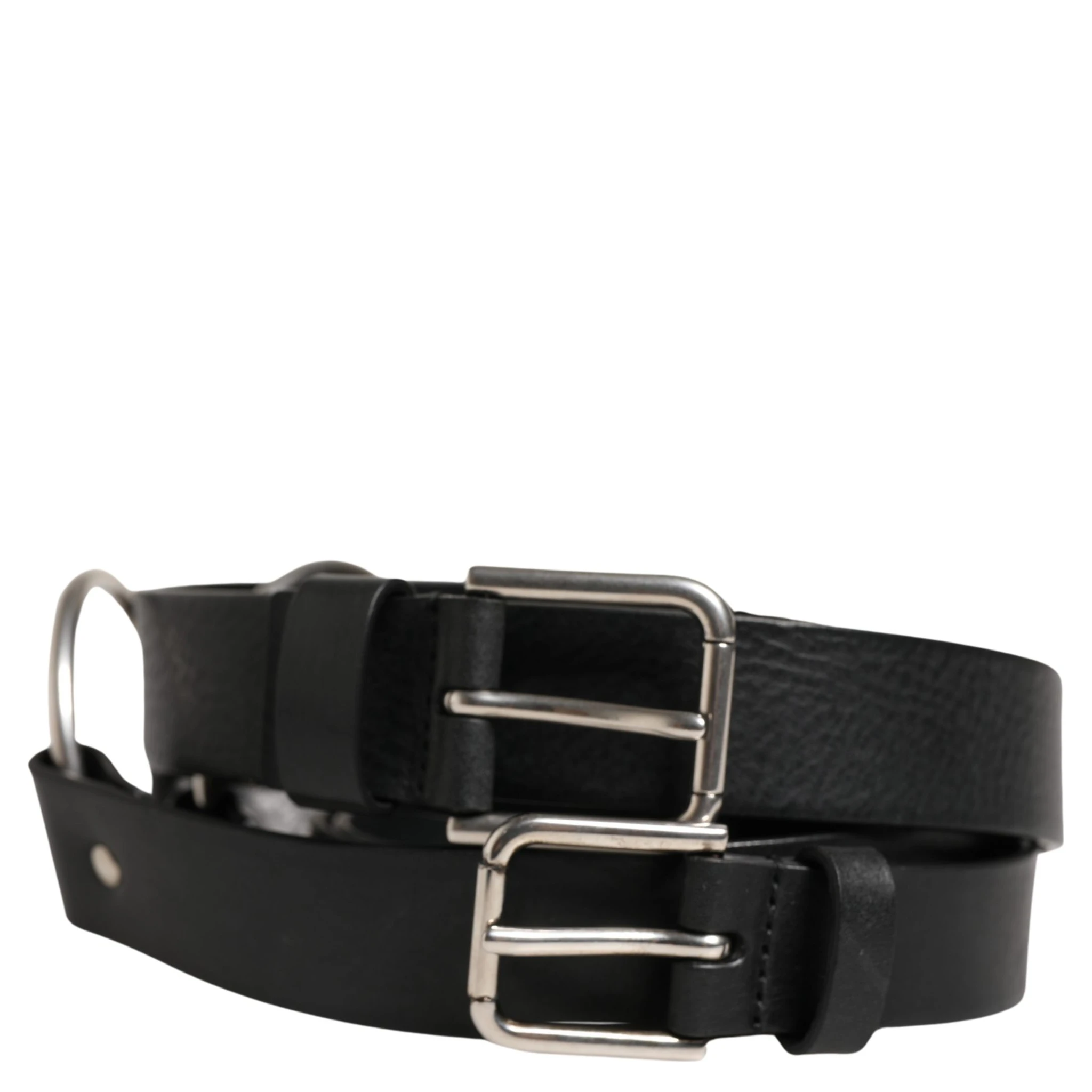 Black Double Strap Leather Silver Buckle Belt