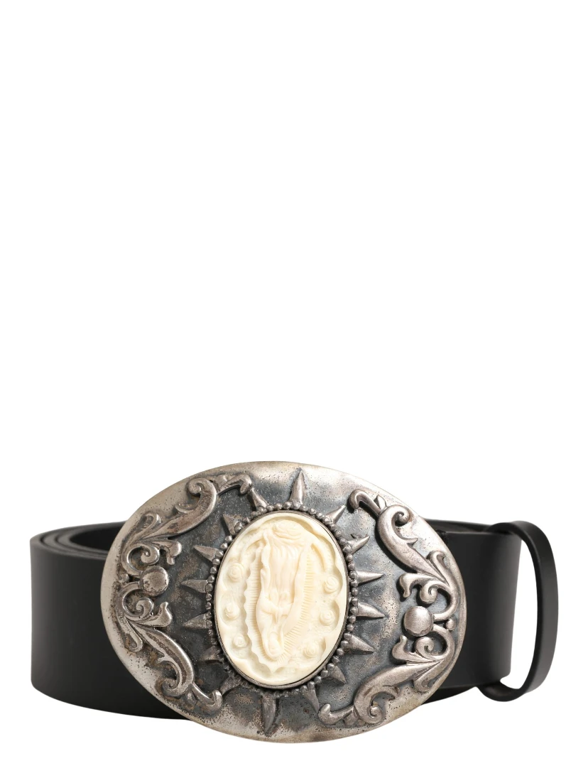 Black Calf Leather Ornate Metal Buckle Belt