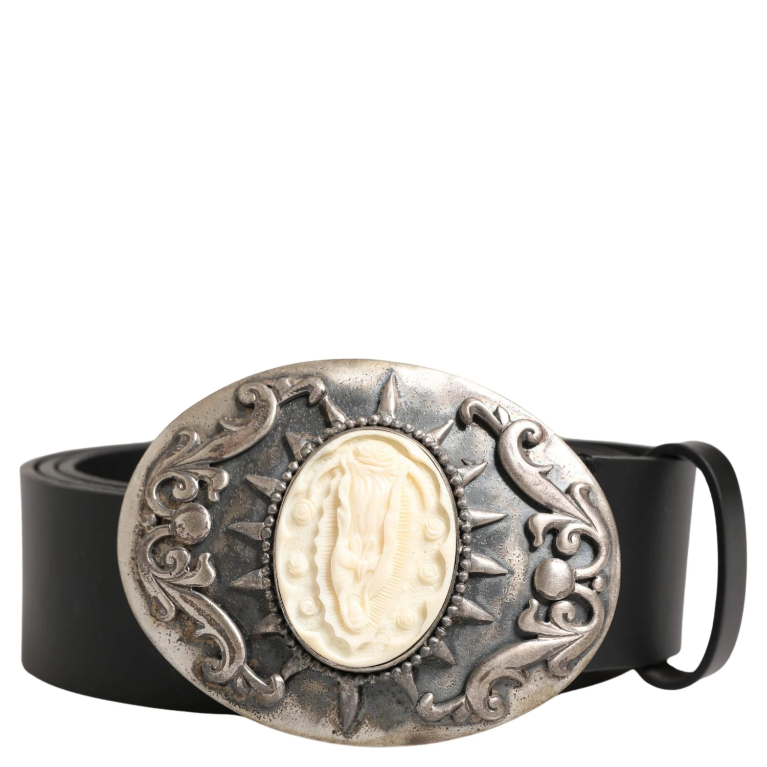 Black Calf Leather Ornate Metal Buckle Belt