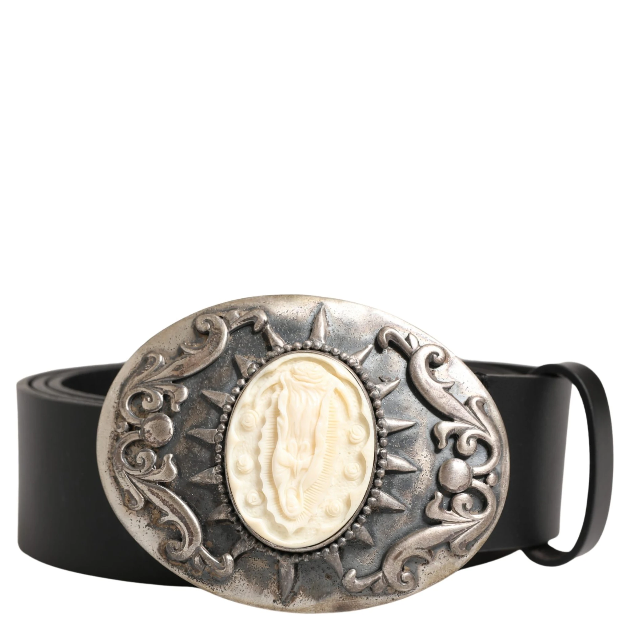 Black Calf Leather Ornate Metal Buckle Belt