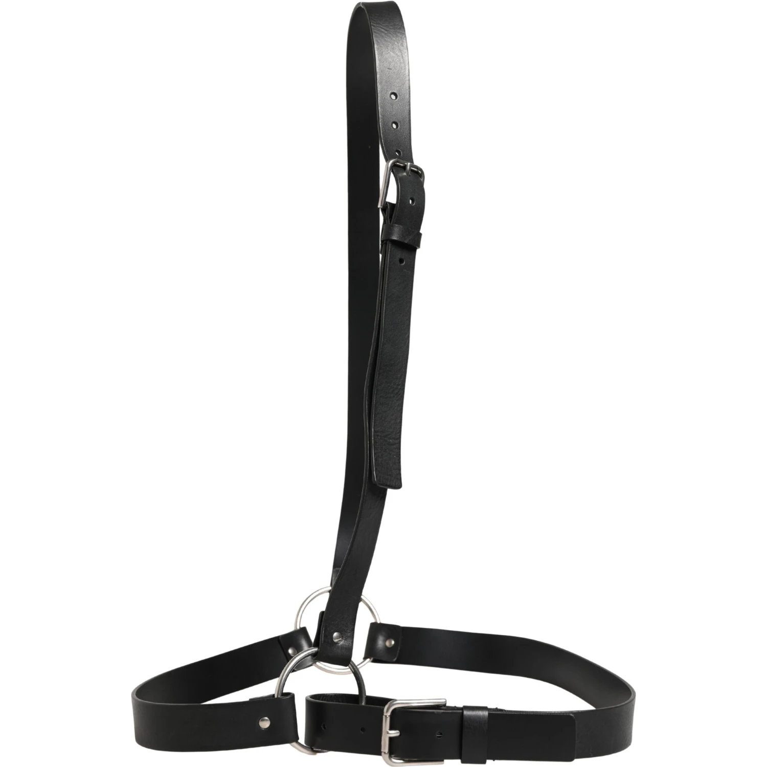 Black Double Strap Leather Silver Buckle Belt