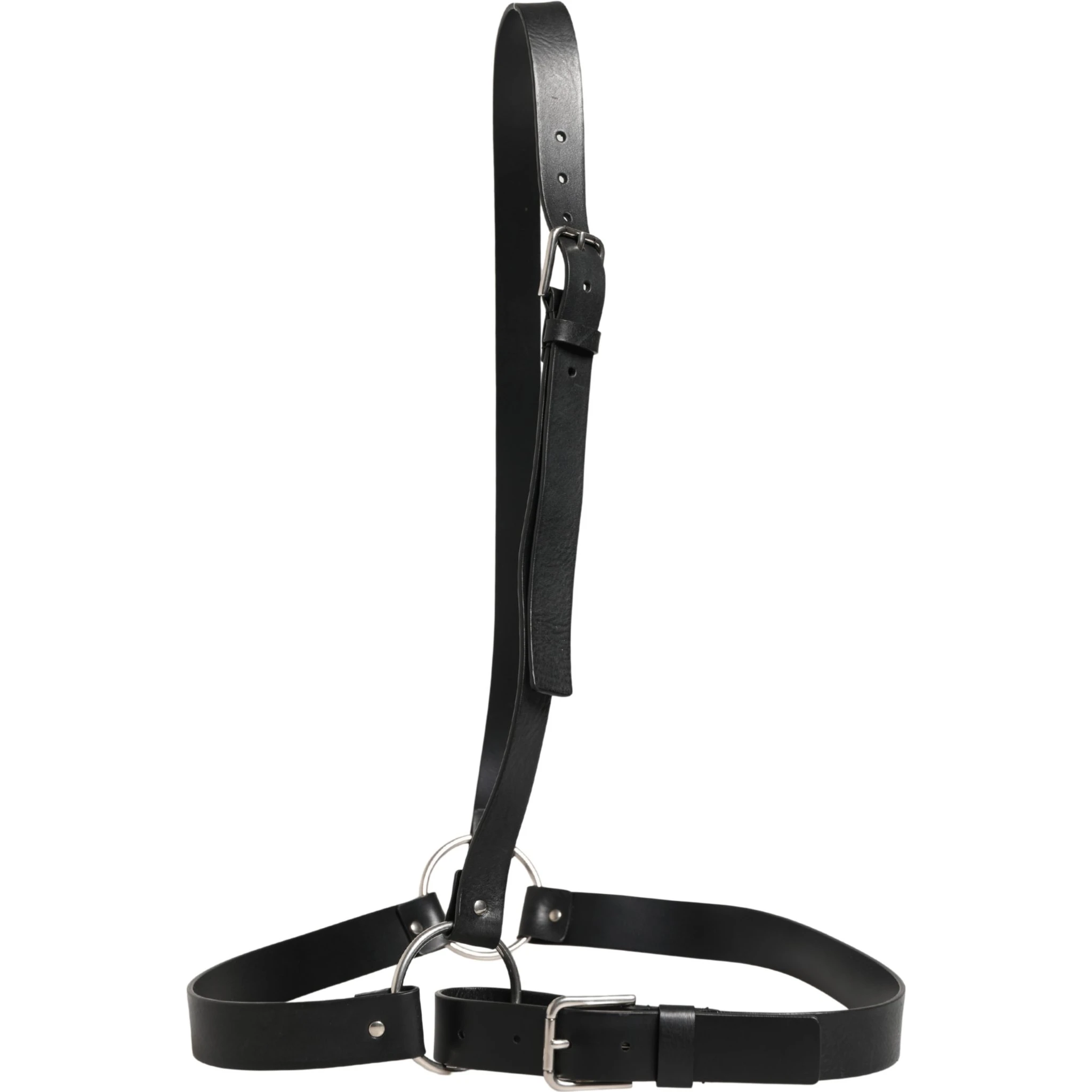 Black Double Strap Leather Silver Buckle Belt