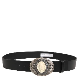 Black Calf Leather Ornate Metal Buckle Belt