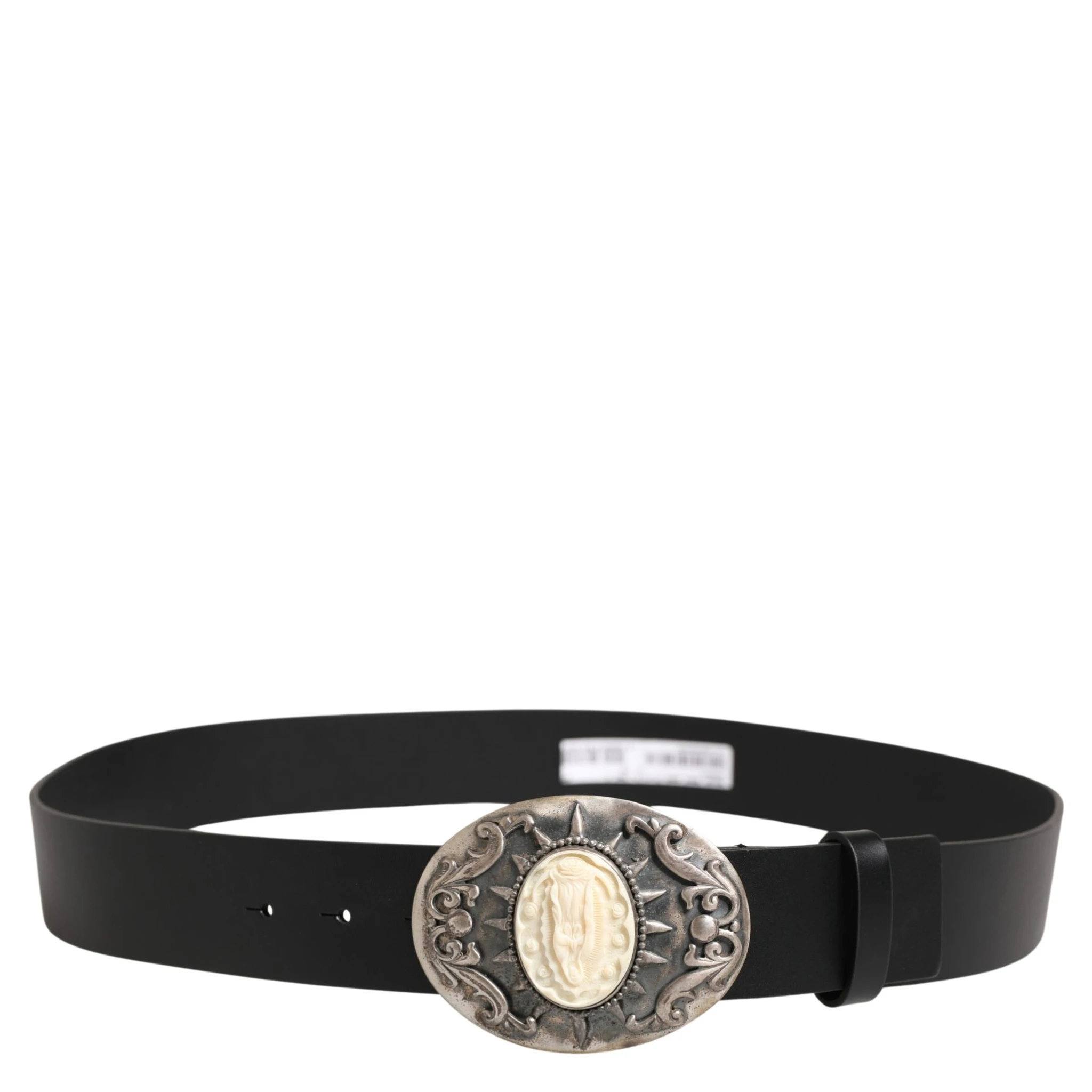 Black Calf Leather Ornate Metal Buckle Belt