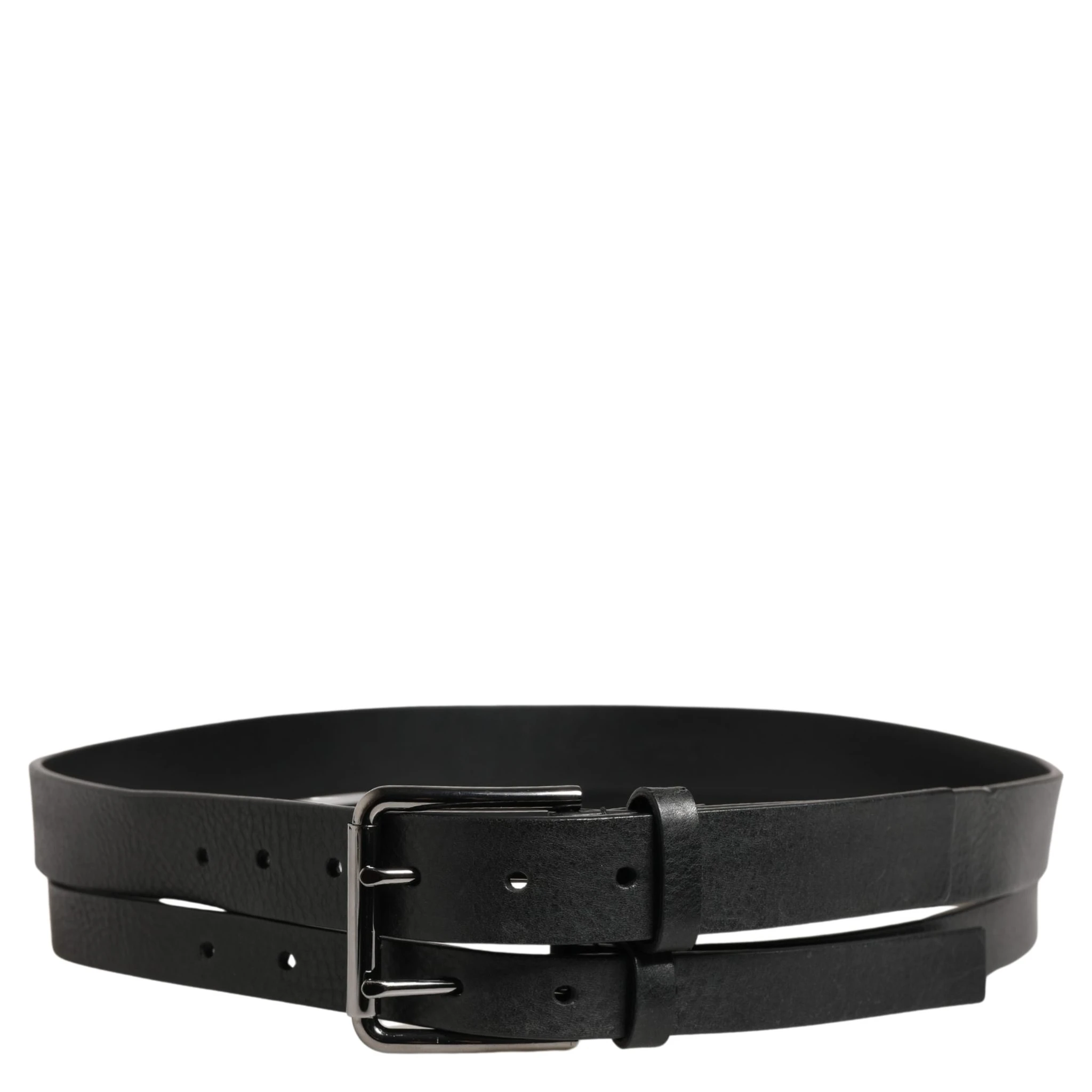 Black Double Strap Leather Silver Buckle Belt