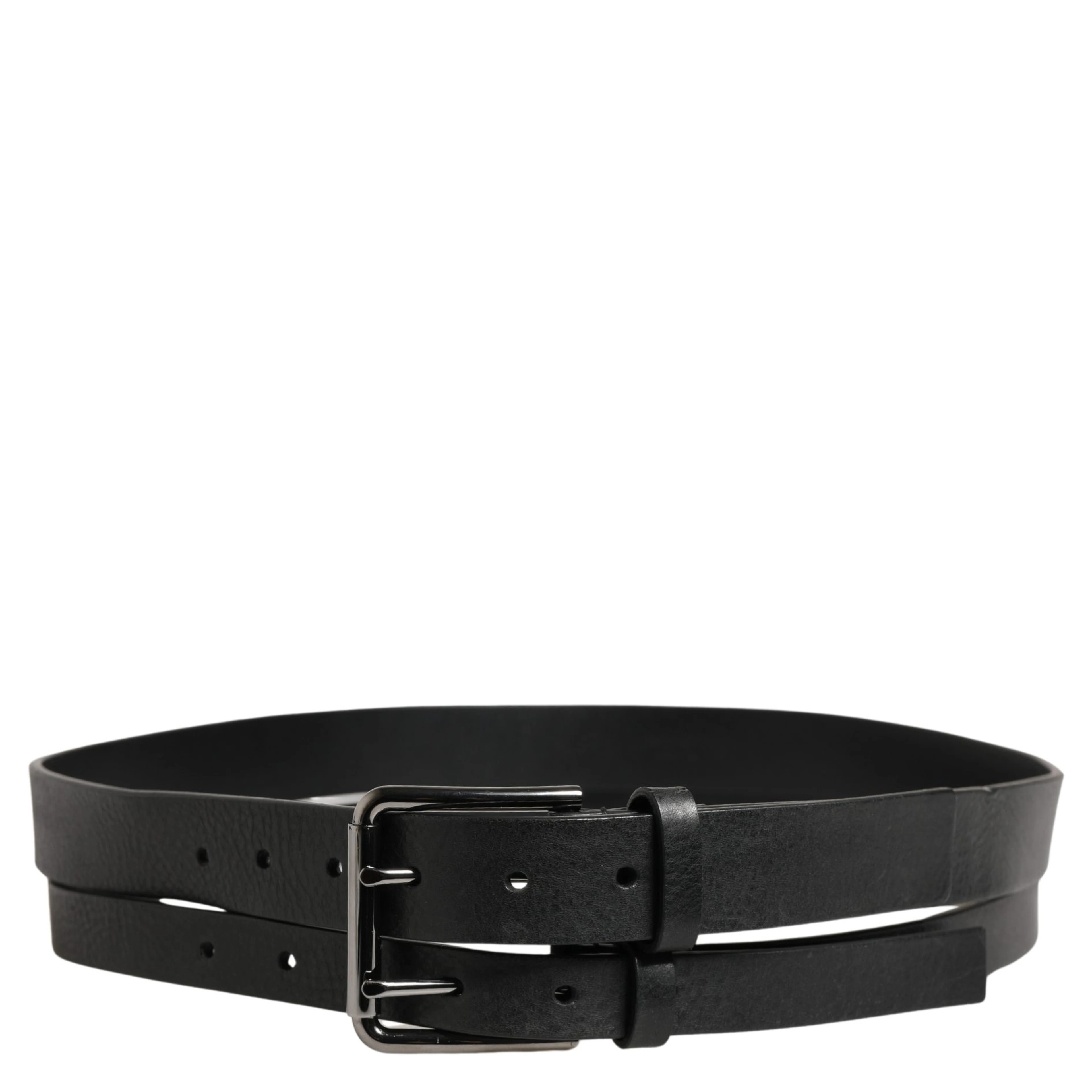Black Double Strap Leather Silver Buckle Belt