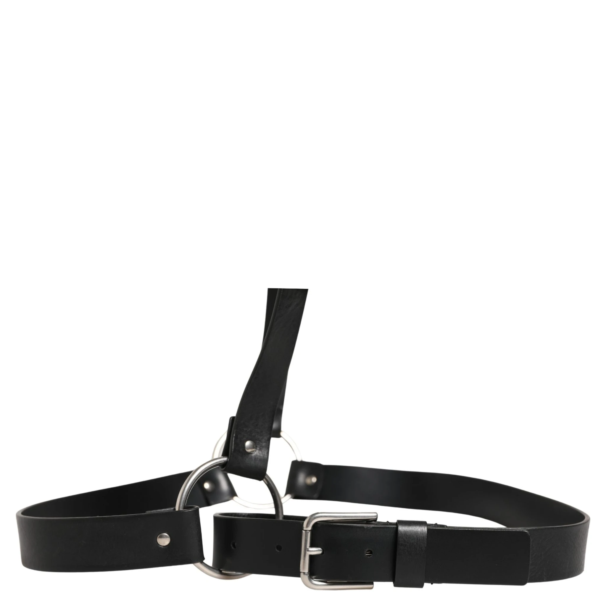 Black Double Strap Leather Silver Buckle Belt