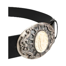 Black Calf Leather Ornate Metal Buckle Belt