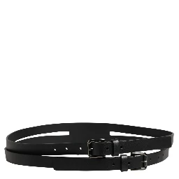 Black Double Strap Leather Silver Buckle Belt