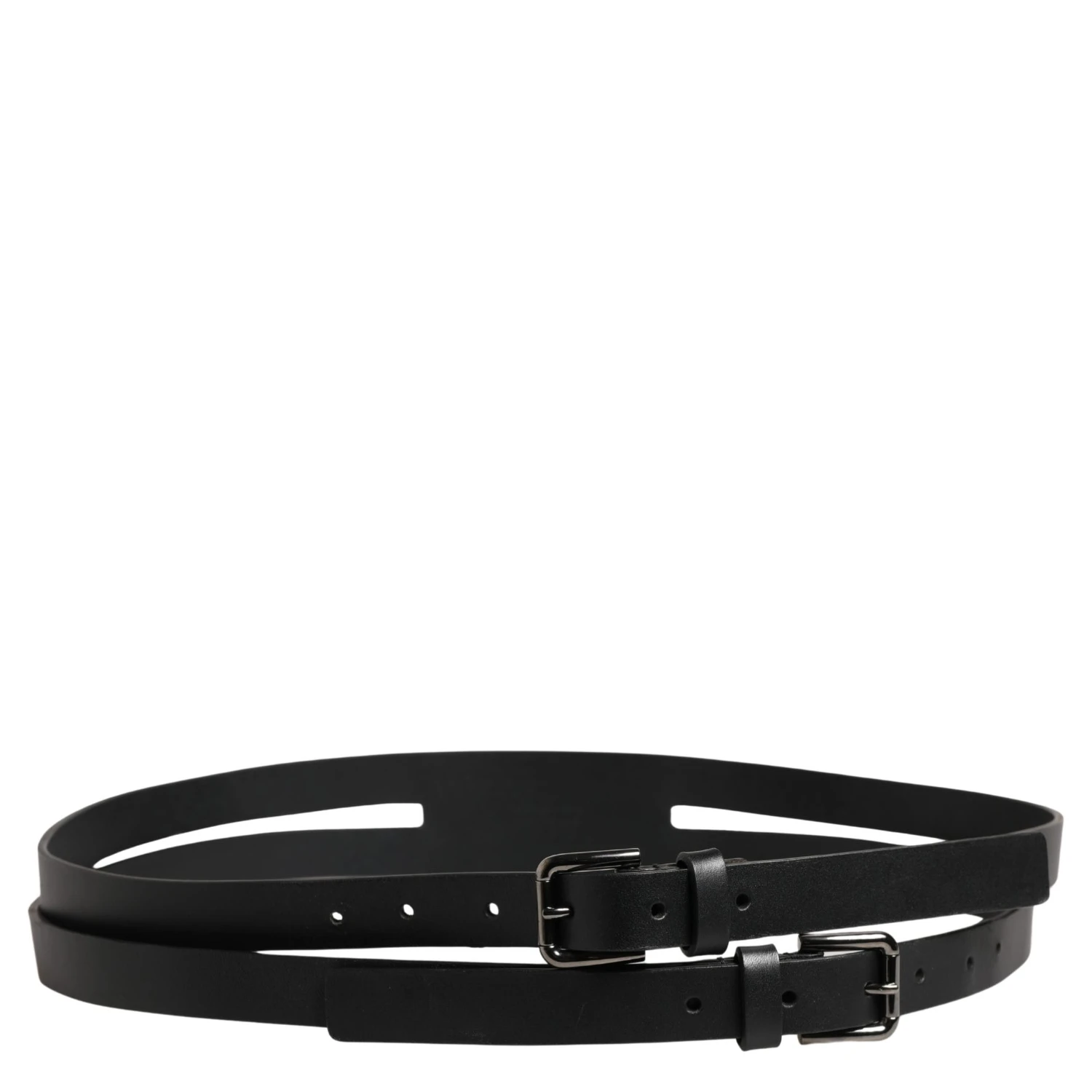 Black Double Strap Leather Silver Buckle Belt