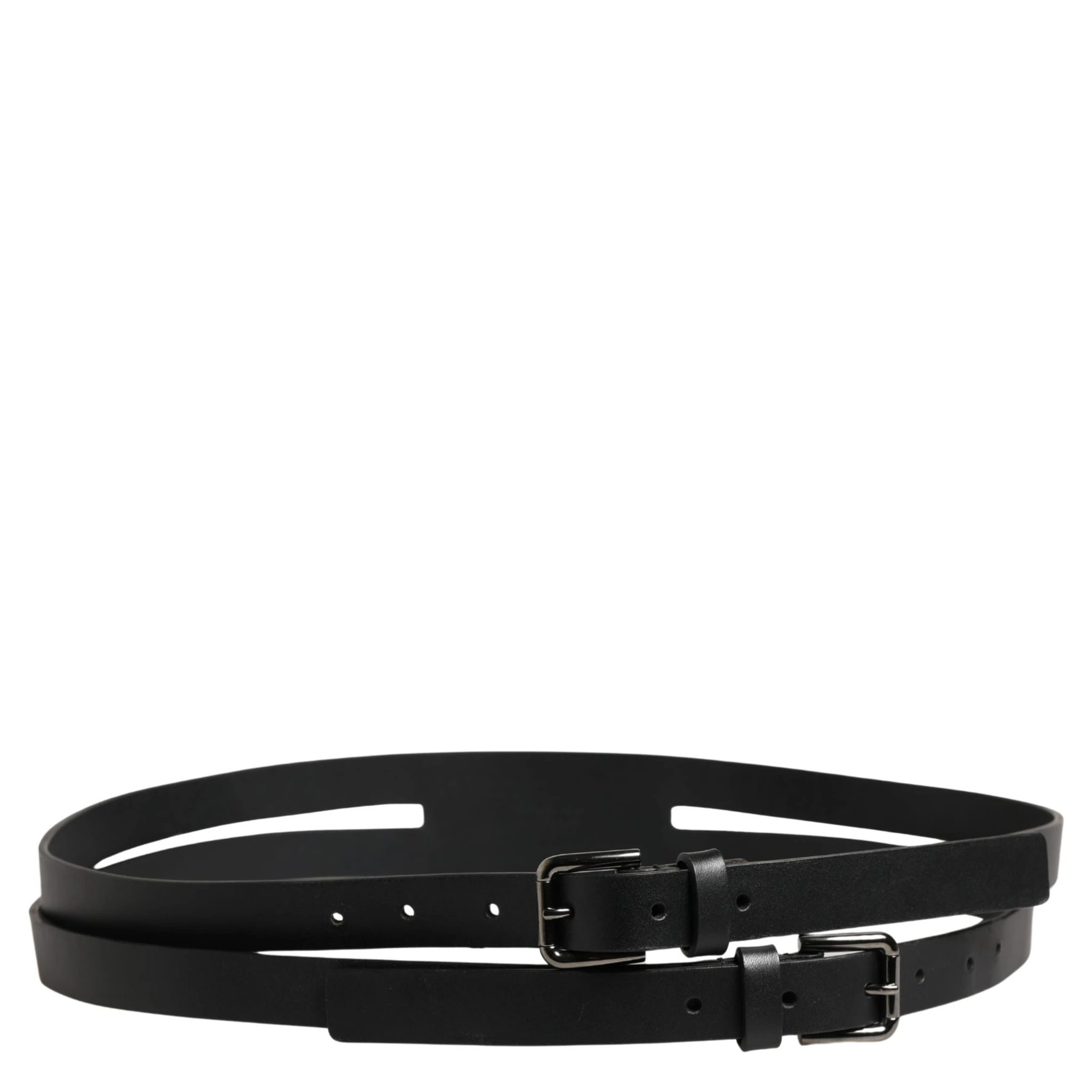 Black Double Strap Leather Silver Buckle Belt