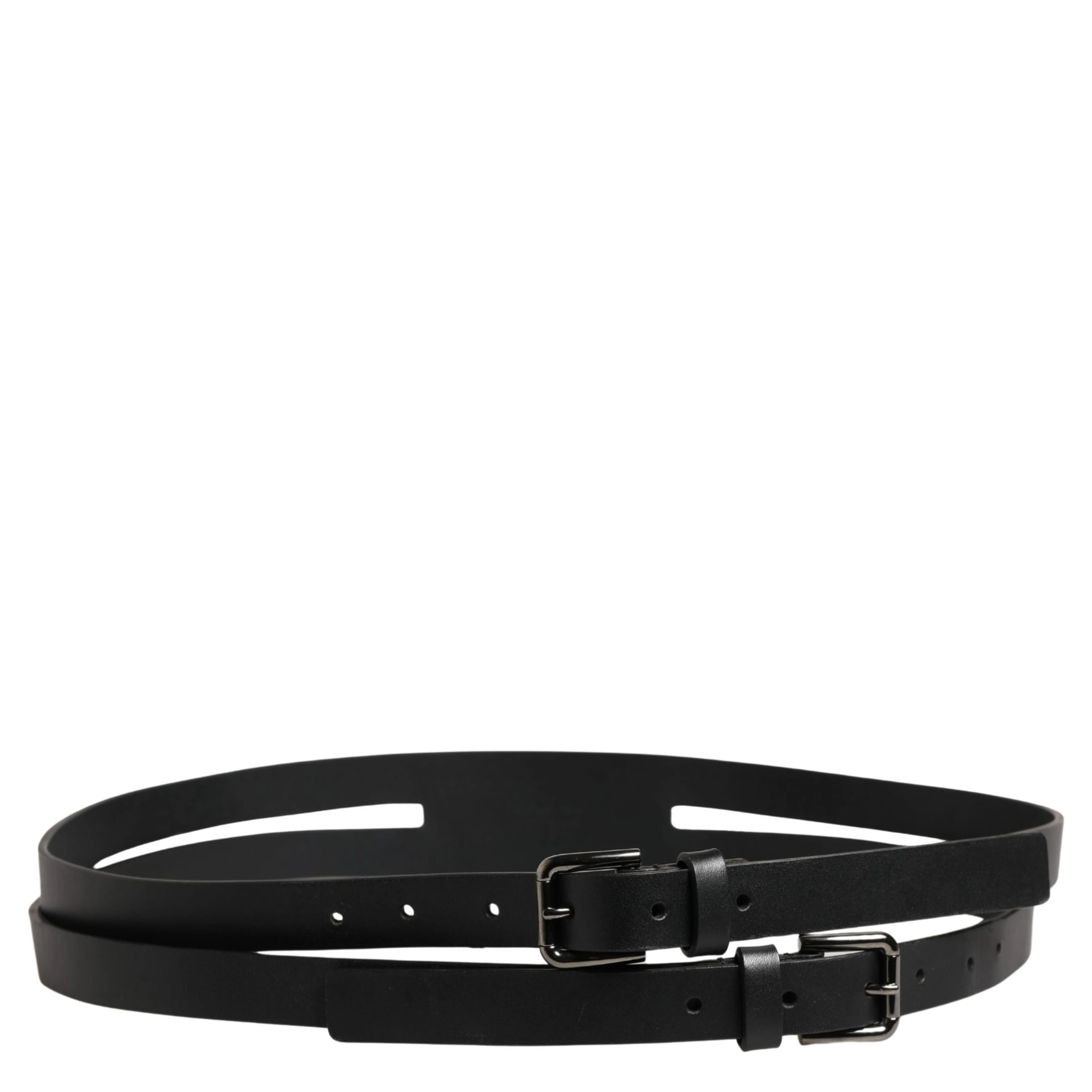 Black Double Strap Leather Silver Buckle Belt