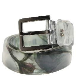 Men White Floral PVC Silver Metal Buckle Belt