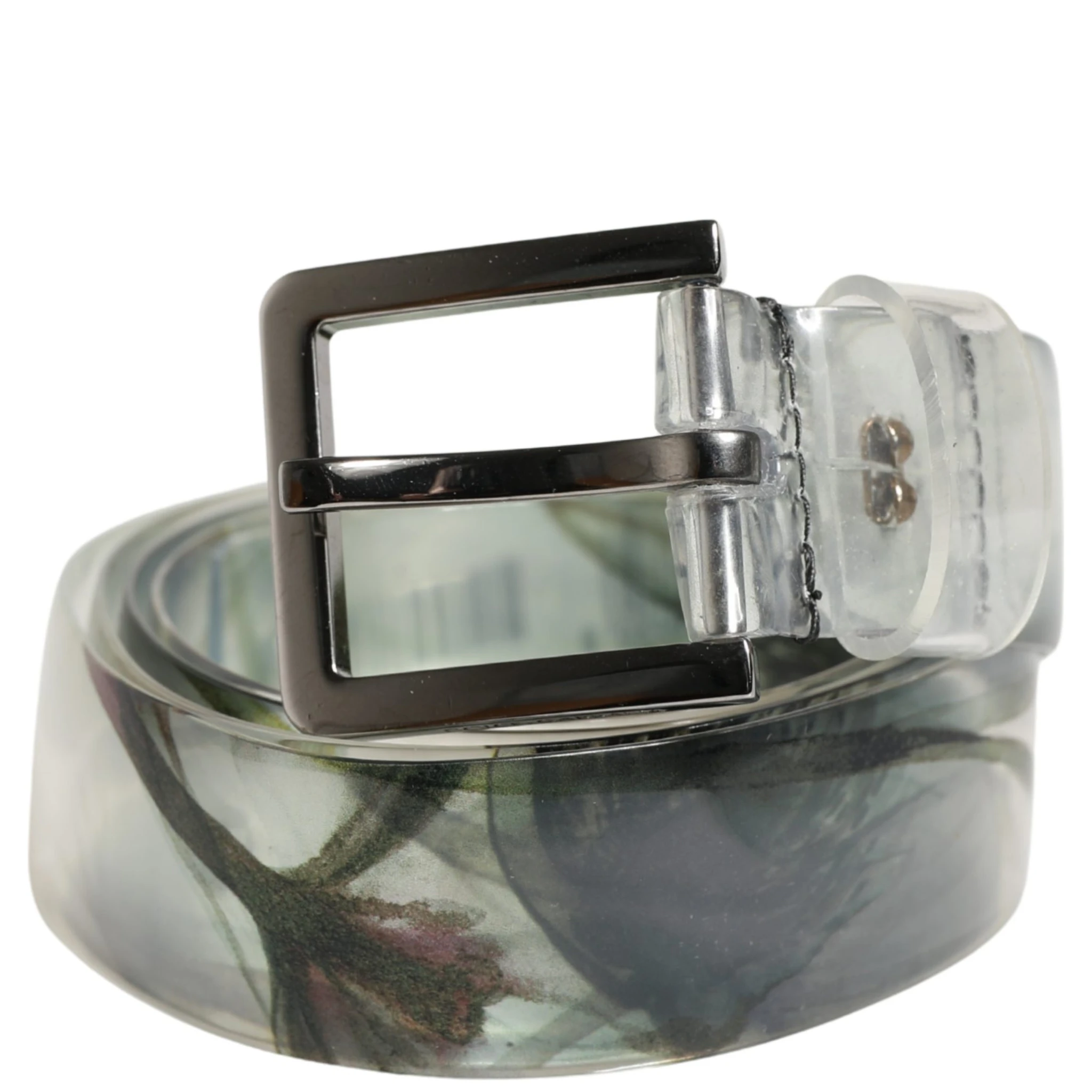 Men White Floral PVC Silver Metal Buckle Belt