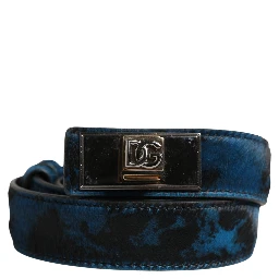 Men Blue Calf Leather Logo Metal Buckle Belt