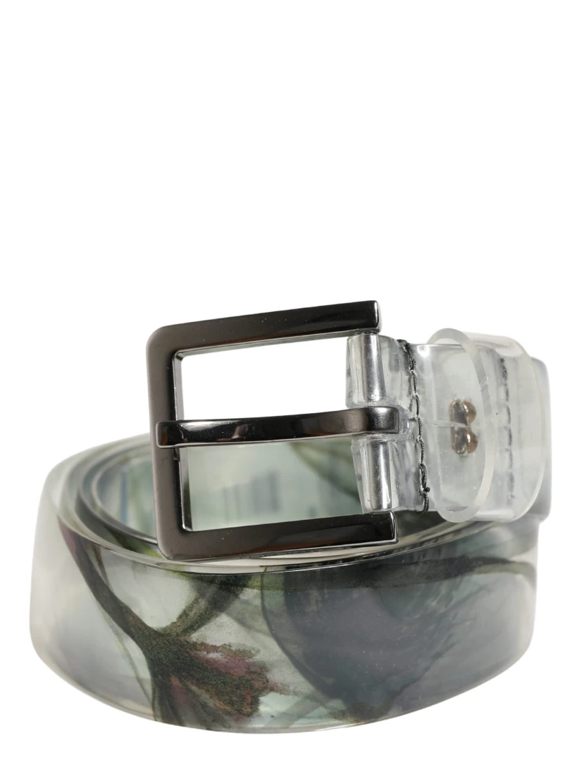 Men White Floral PVC Silver Metal Buckle Belt