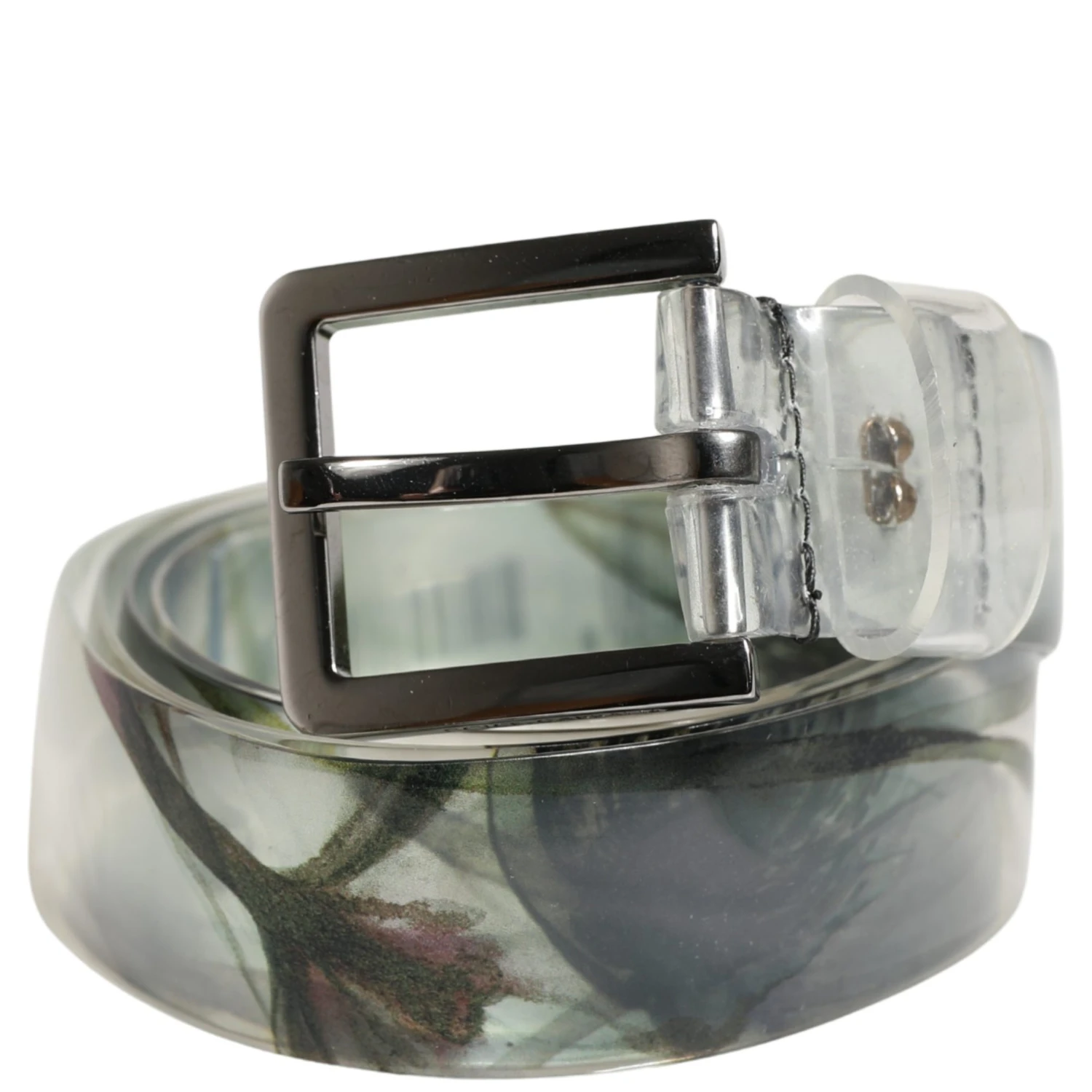 Men White Floral PVC Silver Metal Buckle Belt