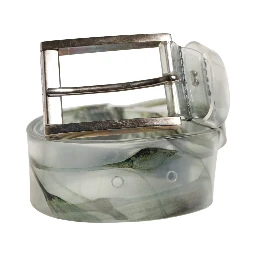 Men White Floral PVC Silver Metal Buckle Belt